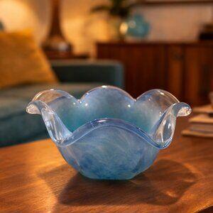 Vintage Hand-blown Blue Glass Art Bowl - Tulip Shape with Scalloped Edge